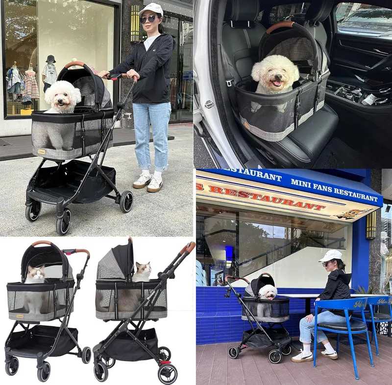 ROODO Fashion 3-in-1 Dog Cat Stroller with Detachable Carrier&Car Seat